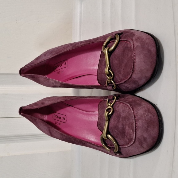 Coach "Aubry" leather suede slip-on loafer heels brass accent - 10 - merlot red - Picture 2 of 11